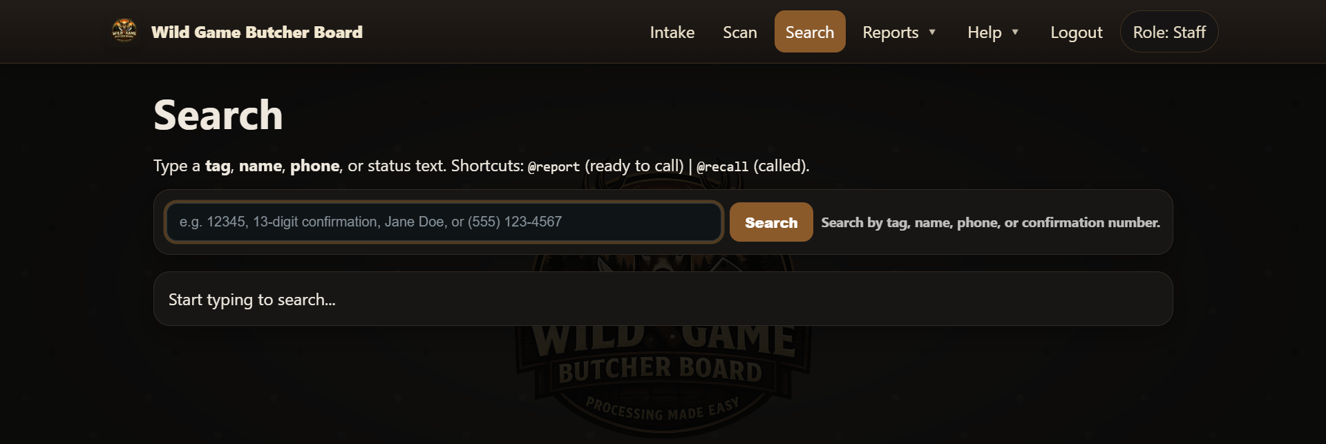 Staff search screen for deer records